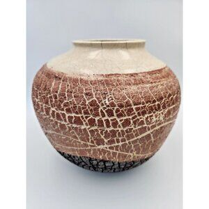 Artist Signed Large Dark Pink/Black Textured Raku Fired Round Vase 7"H
